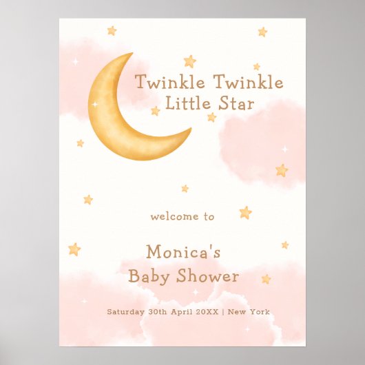 ピンクの月の星輝く女の子ベビーシャワーへようこそ ポスター (正面)