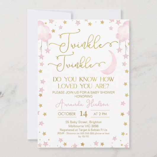 ピンクの月の星輝く小さな星の赤ちゃんシャワー 招待状 (正面)