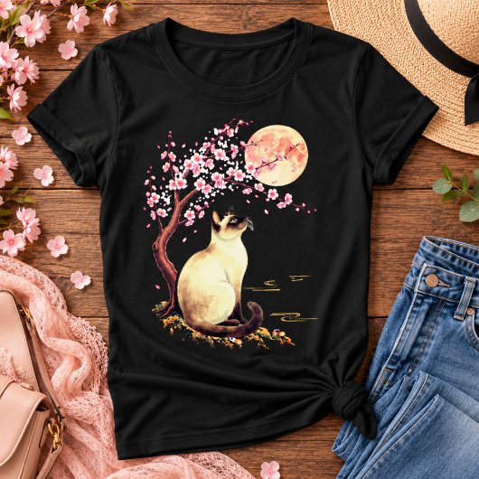 ピンクの月下のシャム猫 Tシャツ