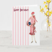 ピンクの服のハッピーバースデーのヴィンテージの20年代の女性 カード (黄色い花)