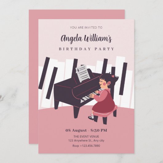 ピンクの服の女の子がピアノを弾く 招待状 (正面/裏面)