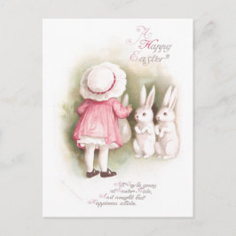 ピンクの服の自信満々の白人のイースターのウサギそして女の子 シーズンポストカード