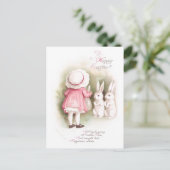 ピンクの服の自信満々の白人のイースターのウサギそして女の子 シーズンポストカード (スタンド正面)