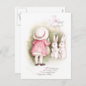 ピンクの服の自信満々の白人のイースターのウサギそして女の子 シーズンポストカード (正面/裏面)