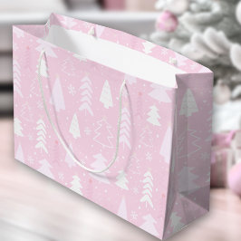 ピンクの木々の冬のクリスマス ラージペーパーバッグ