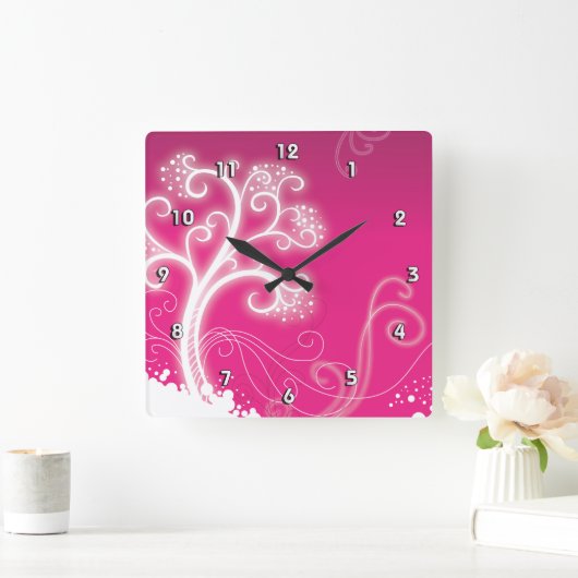 ピンクの木かわいいガーリーレトロフローラファッション スクエア壁時計 (ホーム)
