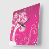 ピンクの木かわいいガーリーレトロフローラファッション スクエア壁時計 (傾斜)