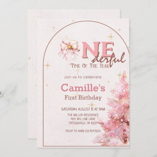 ピンクの木のクリスマスの誕生日招待状 招待状 (正面/裏面)