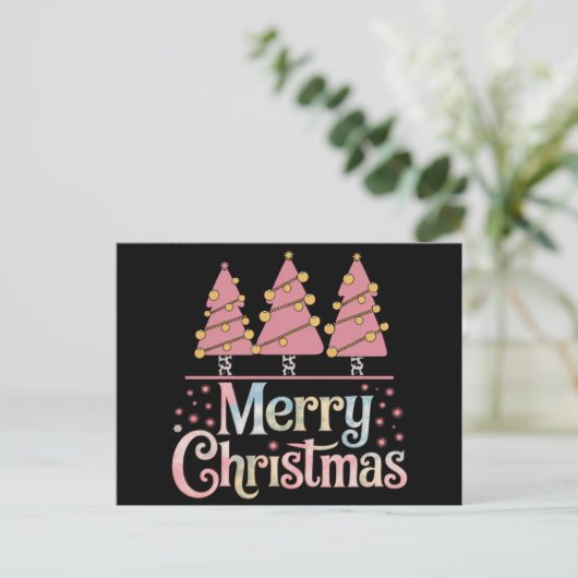 ピンクの木のクリスマスホリデー冬の女の子 シーズンポストカード (スタンド正面)