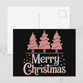 ピンクの木のクリスマスホリデー冬の女の子 シーズンポストカード (正面/裏面)