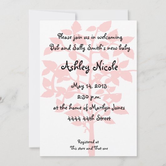 ピンクの木のベビーシャワーの招待状 招待状 (裏面)