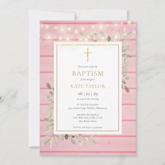 ピンクの木のライト 緑の葉の洗礼 誕生日のお知らせ 招待状 (正面)