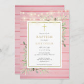 ピンクの木のライト 緑の葉の洗礼 誕生日のお知らせ 招待状 (正面/裏面)