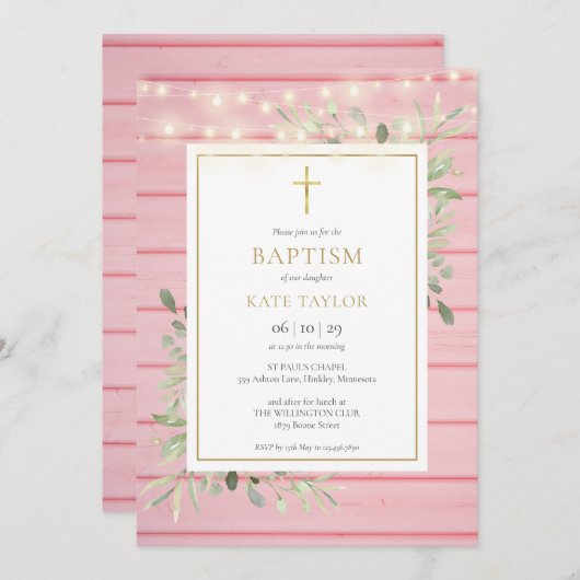 ピンクの木のライト 緑の葉の洗礼 誕生日のお知らせ 招待状 (正面/裏面)