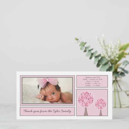 ピンクの木の女の赤ちゃんは写真カード感謝していしています サンキューカード (スタンド正面)