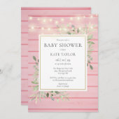 ピンクの木の弦ライト緑の赤ちゃんシャワー 招待状 (正面/裏面)