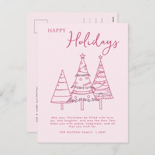 ピンクの木の手のドードルウィムシークリスマス シーズンポストカード (正面/裏面)