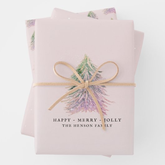 ピンクの木の水の色クリスマスホリデー ラッピングペーパーシート (インサイチュ)