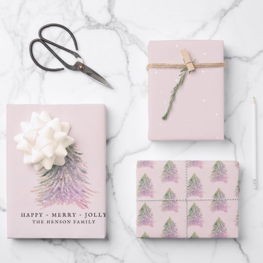 ピンクの木の水の色クリスマスホリデー ラッピングペーパーシート (正面)