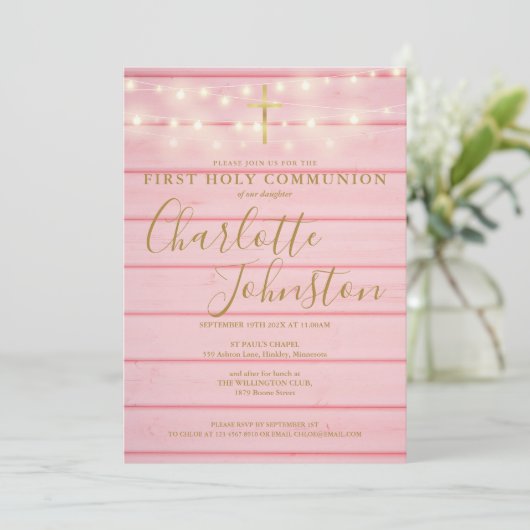 ピンクの木の糸が最初の聖餐式 招待状 (スタンド正面)