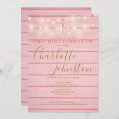 ピンクの木の糸が最初の聖餐式 招待状 (正面/裏面)