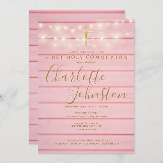 ピンクの木の糸が最初の聖餐式 招待状 (正面/裏面)