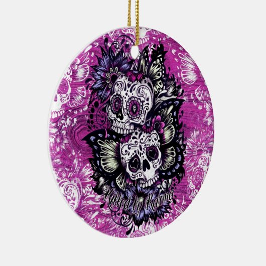 ピンクの木製の基盤の蝶砂糖のスカル セラミックオーナメント (右)
