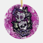 ピンクの木製の基盤の蝶砂糖のスカル セラミックオーナメント (正面)