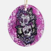 ピンクの木製の基盤の蝶砂糖のスカル セラミックオーナメント (左)