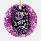 ピンクの木製の基盤の蝶砂糖のスカル セラミックオーナメント (裏面)