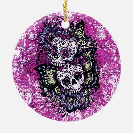 ピンクの木製の基盤の蝶砂糖のスカル セラミックオーナメント (裏面)