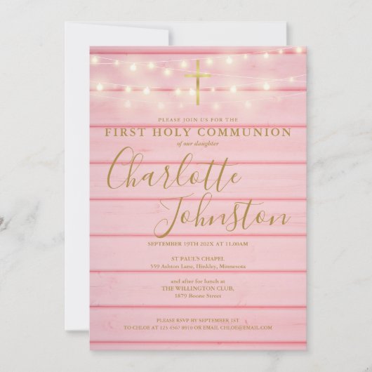 ピンクの木製ストリングライトの初聖体拝領 招待状 (正面)
