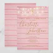 ピンクの木製ストリングライトの初聖体拝領 招待状 (正面/裏面)