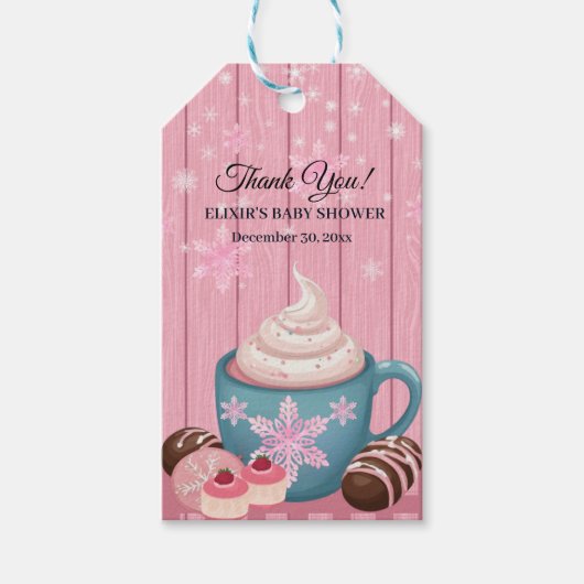 ピンクの木製ホットココアホイップクリーム赤ちゃんシャワー ギフトタグ (正面)