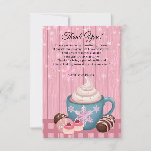 ピンクの木製ホットココアホイップクリーム赤ちゃんシャワー サンキューカード (正面)