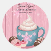 ピンクの木製ホットココアホイップクリーム赤ちゃんシャワー ラウンドシール (正面)