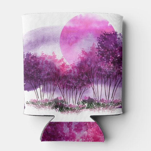 ピンクの木:水彩風景シルエット。 缶クーラー (裏面)