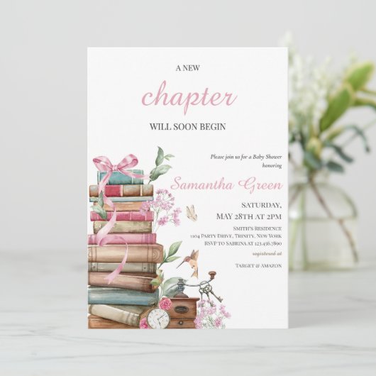 ピンクの本をテーマにした赤ちゃんシャワー 招待状 (スタンド正面)