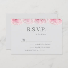 ピンクの本物のバラの花をあしらったエレガントなグレーの結婚式の出欠確認 招待状