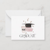 ピンクの本、コーヒー、金ゴールド紙吹雪で卒業 ノートカード (正面)