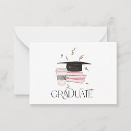ピンクの本、コーヒー、金ゴールド紙吹雪で卒業 ノートカード