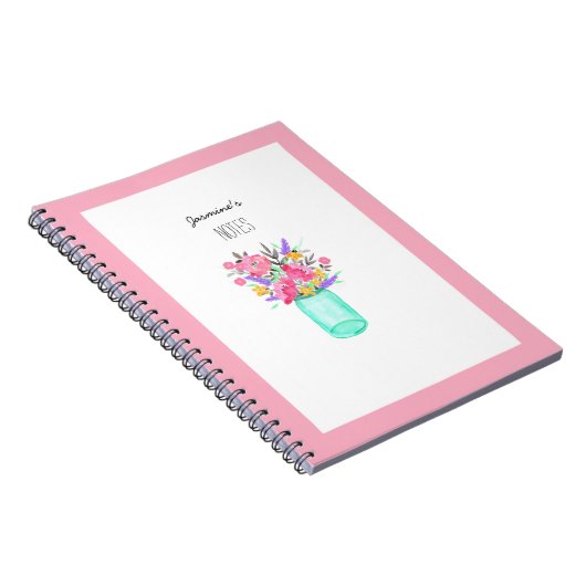 ピンクの机から咲く水彩画の壺の花 ノートブック (右側)