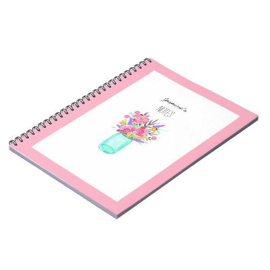 ピンクの机から咲く水彩画の壺の花 ノートブック (左側)