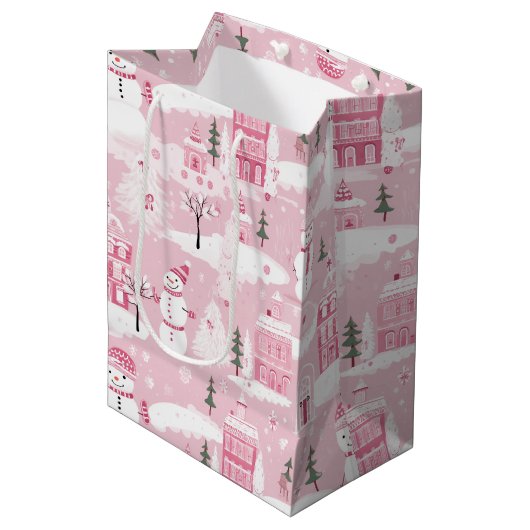 ピンクの村のスノークリスマス ミディアムペーパーバッグ (正面アングル)