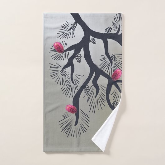 ピンクの松の花と様式化された松の木 バスタオルセット (ハンドタオル)