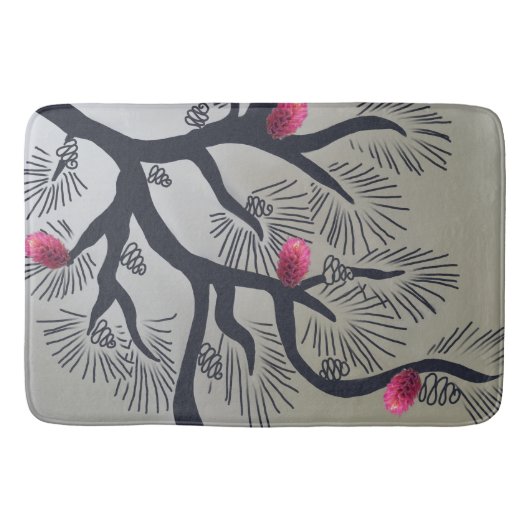 ピンクの松の花と様式化された松の木 バスマット (正面)