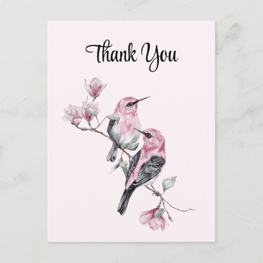 ピンクの松の鳥の木の枝ありがとう ポストカード (正面)