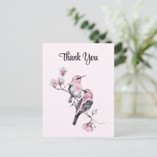 ピンクの松の鳥の木の枝ありがとう ポストカード (スタンド正面)