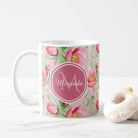 ピンクの林檎の花のモノグラム コーヒーマグカップ (ドーナツ)