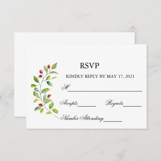 ピンクの果実と緑の葉結婚の応答 出欠カード (正面/裏面)